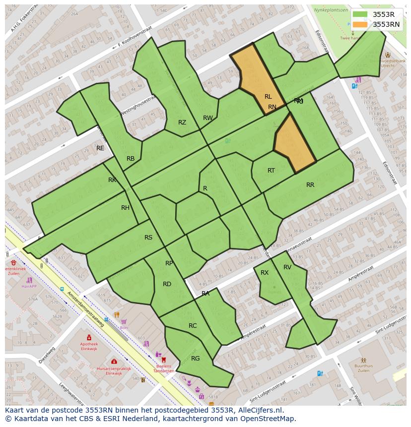 Afbeelding van het postcodegebied 3553 RN op de kaart.
