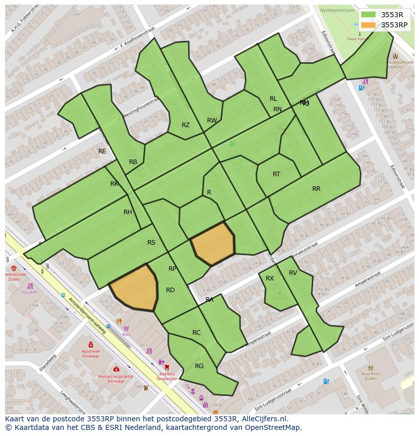 Afbeelding van het postcodegebied 3553 RP op de kaart.