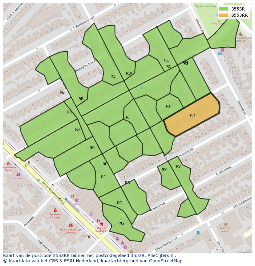 Afbeelding van het postcodegebied 3553 RR op de kaart.