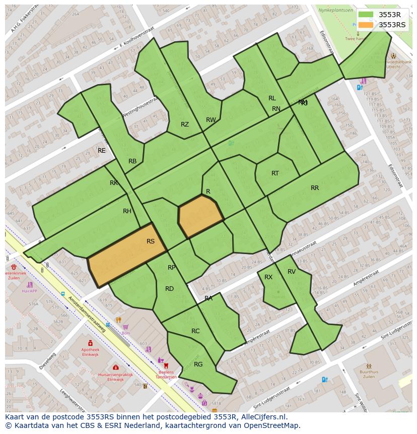 Afbeelding van het postcodegebied 3553 RS op de kaart.