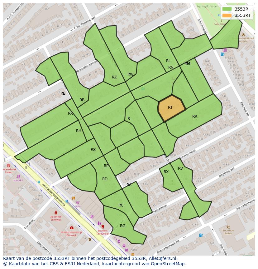 Afbeelding van het postcodegebied 3553 RT op de kaart.