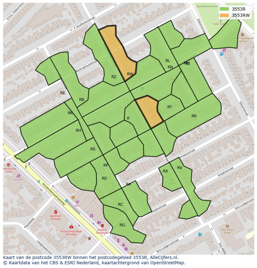Afbeelding van het postcodegebied 3553 RW op de kaart.