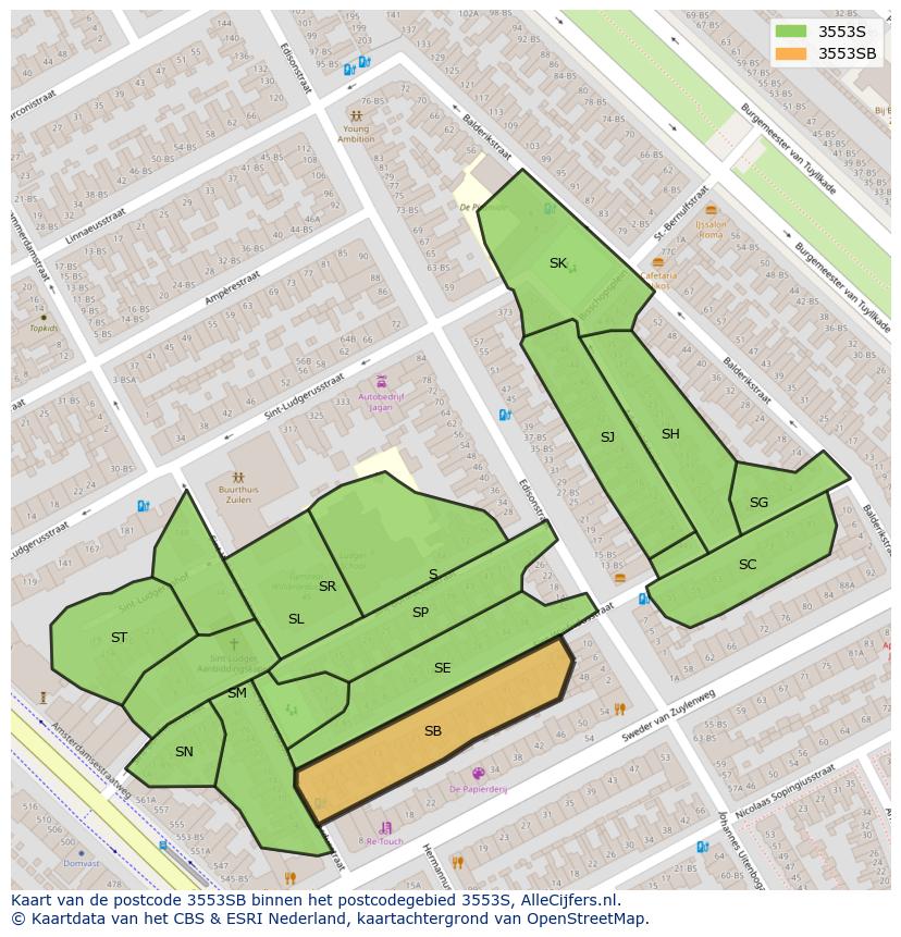 Afbeelding van het postcodegebied 3553 SB op de kaart.
