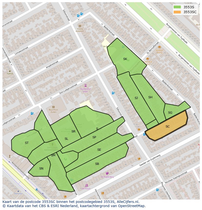 Afbeelding van het postcodegebied 3553 SC op de kaart.