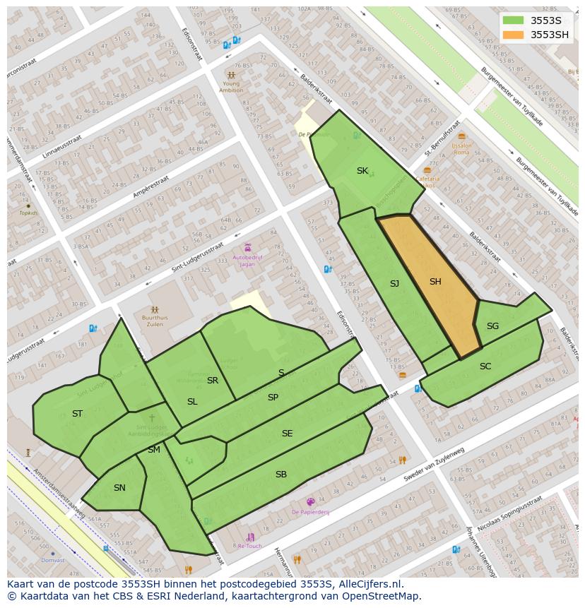 Afbeelding van het postcodegebied 3553 SH op de kaart.