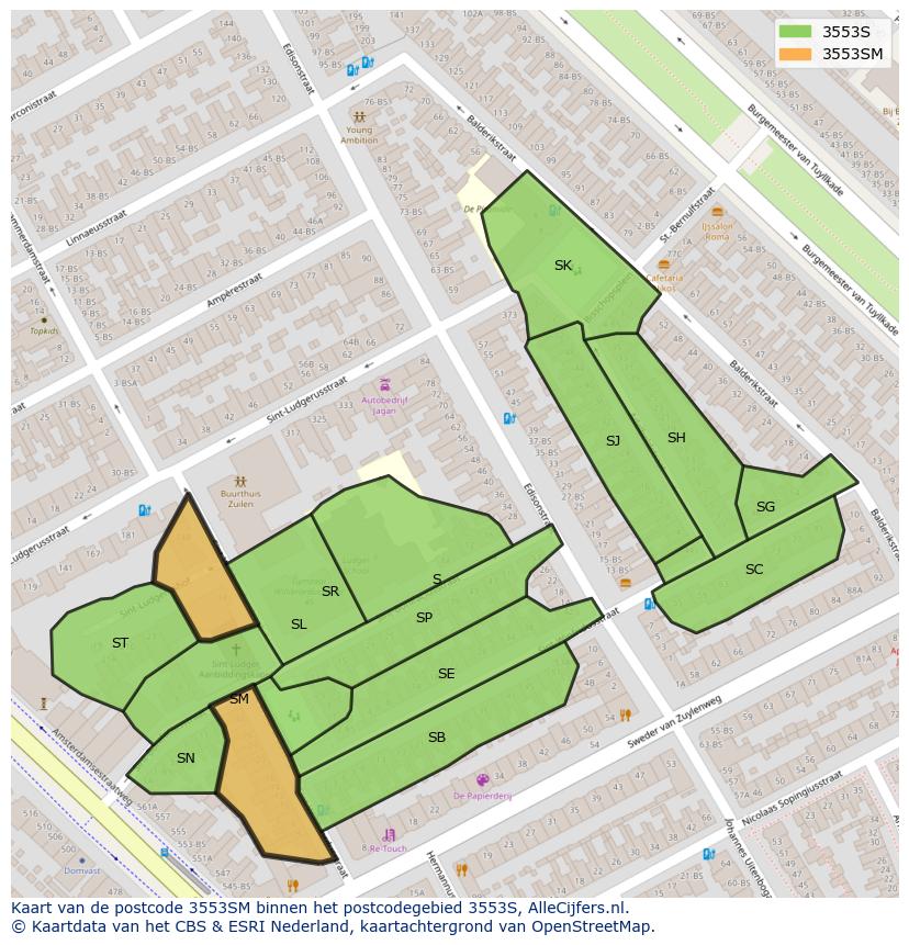Afbeelding van het postcodegebied 3553 SM op de kaart.
