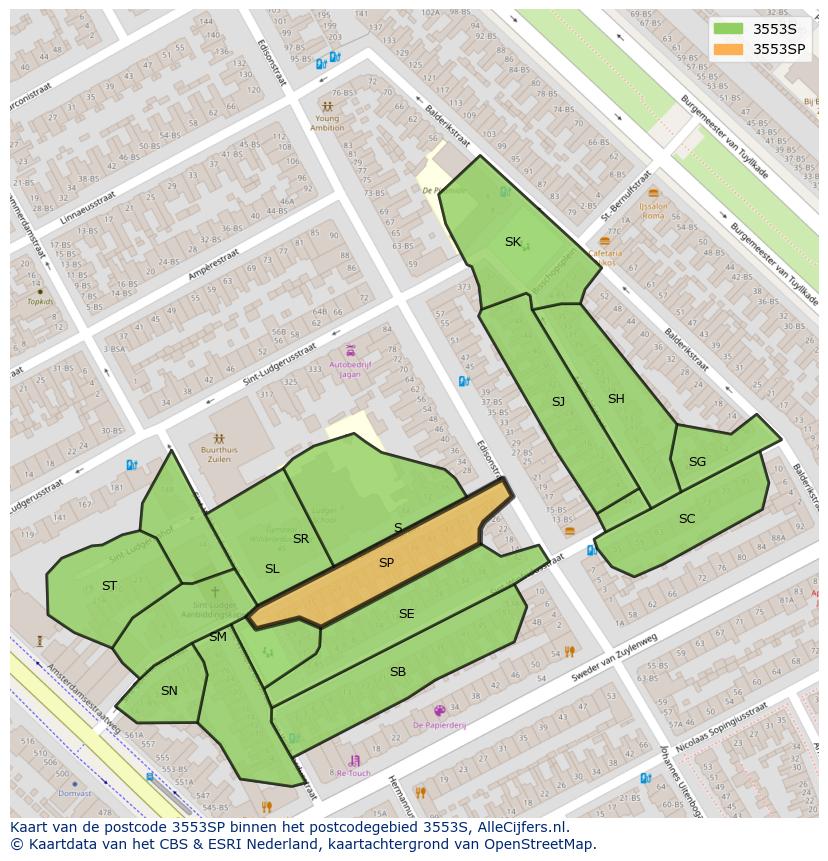 Afbeelding van het postcodegebied 3553 SP op de kaart.