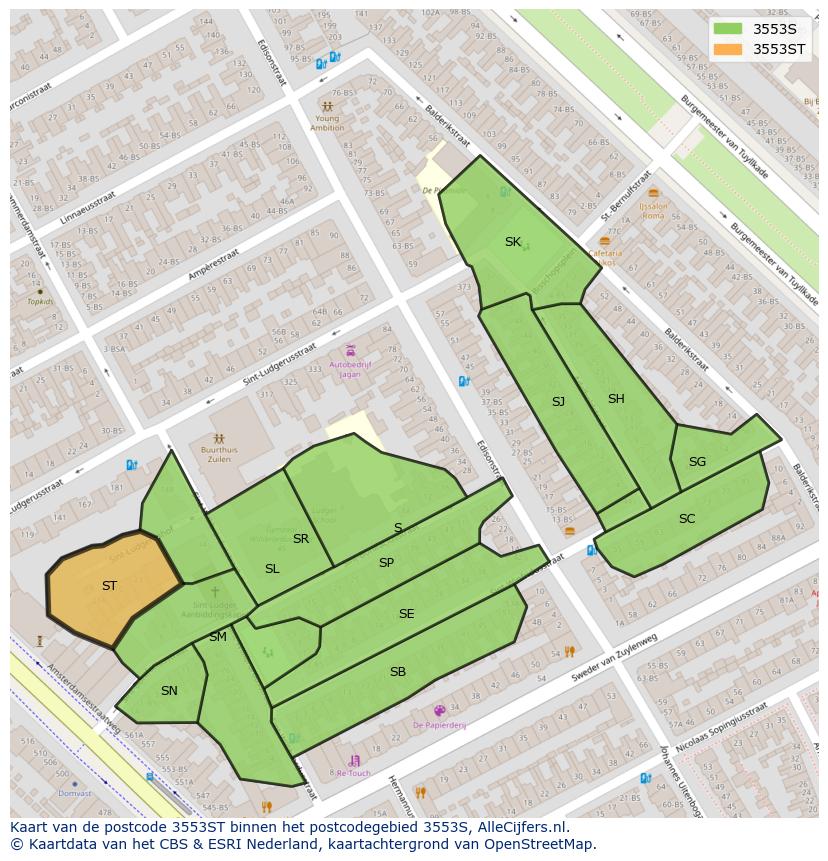 Afbeelding van het postcodegebied 3553 ST op de kaart.