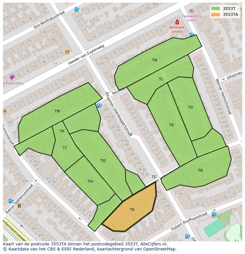 Afbeelding van het postcodegebied 3553 TA op de kaart.