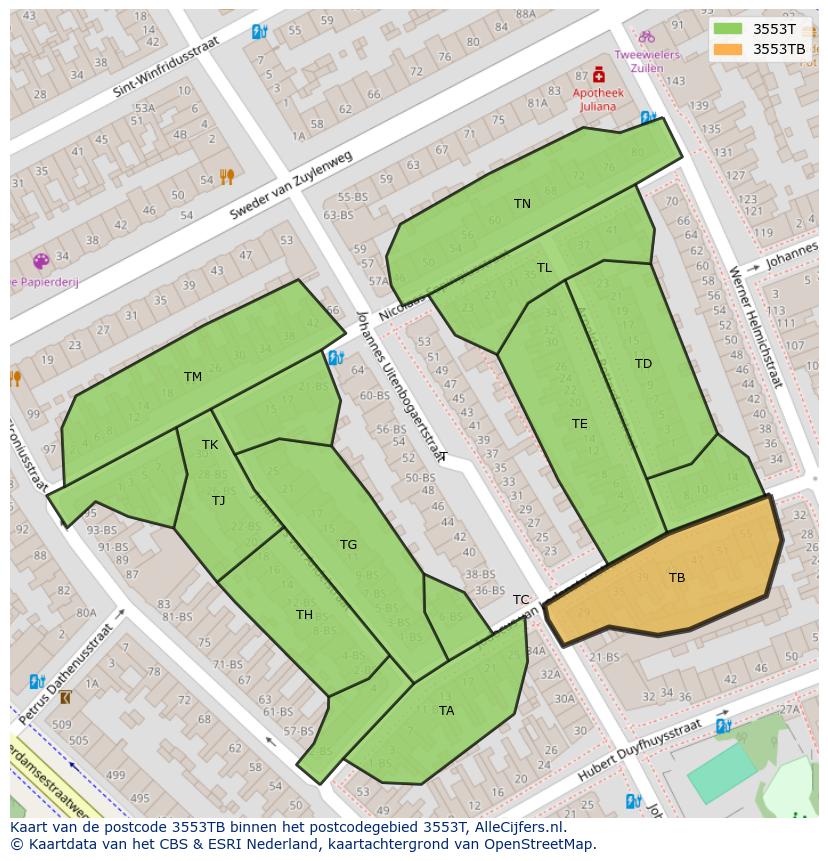 Afbeelding van het postcodegebied 3553 TB op de kaart.
