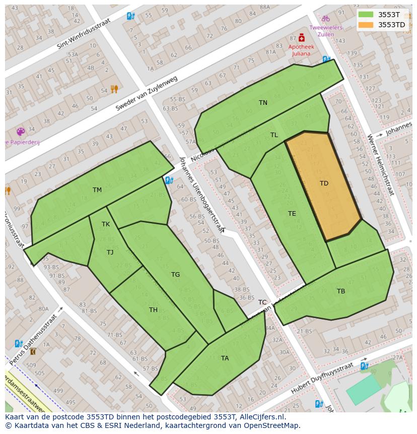Afbeelding van het postcodegebied 3553 TD op de kaart.