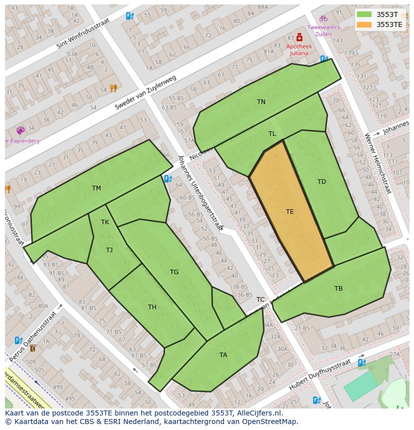 Afbeelding van het postcodegebied 3553 TE op de kaart.