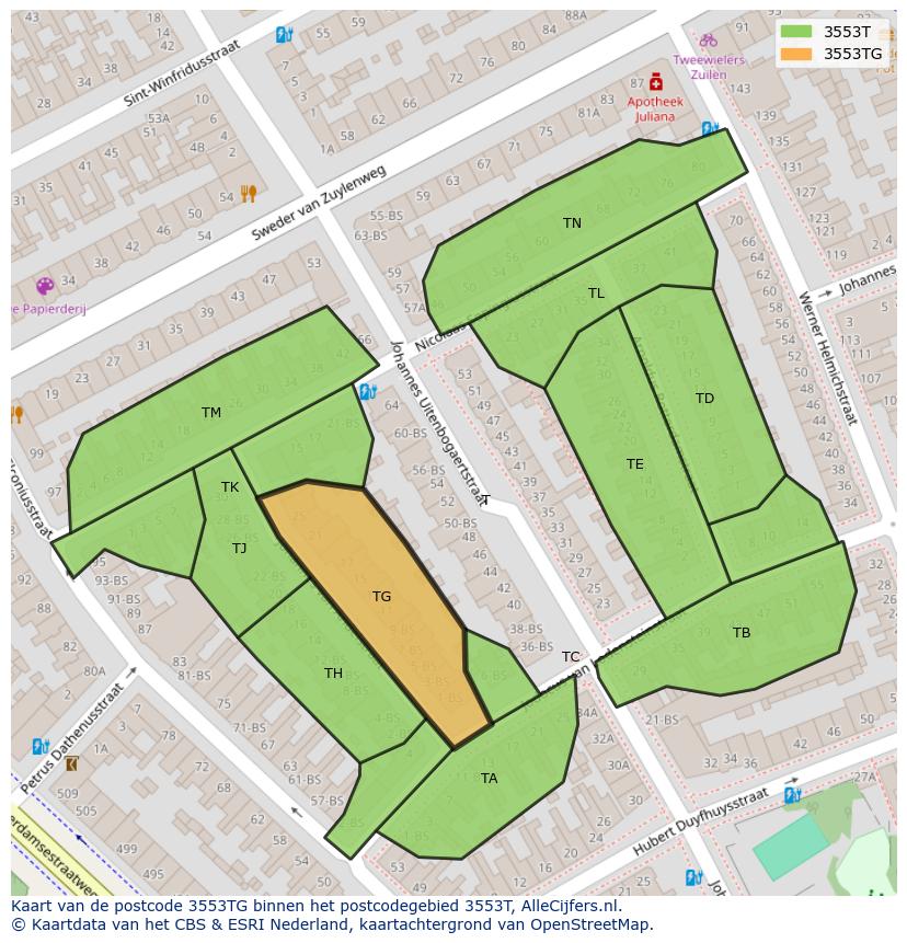 Afbeelding van het postcodegebied 3553 TG op de kaart.