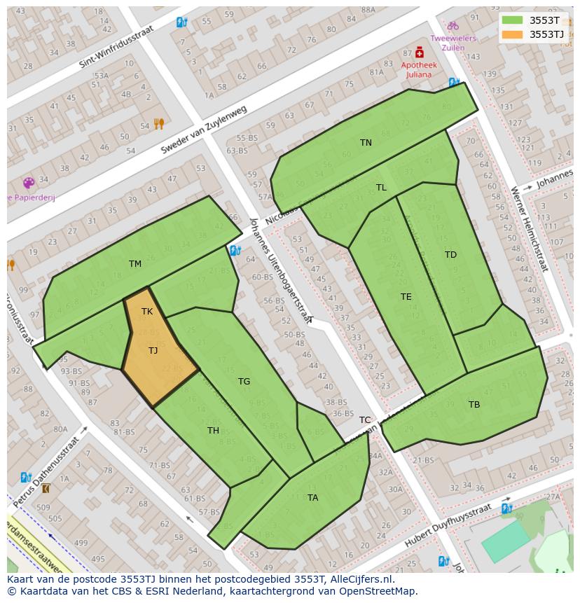 Afbeelding van het postcodegebied 3553 TJ op de kaart.