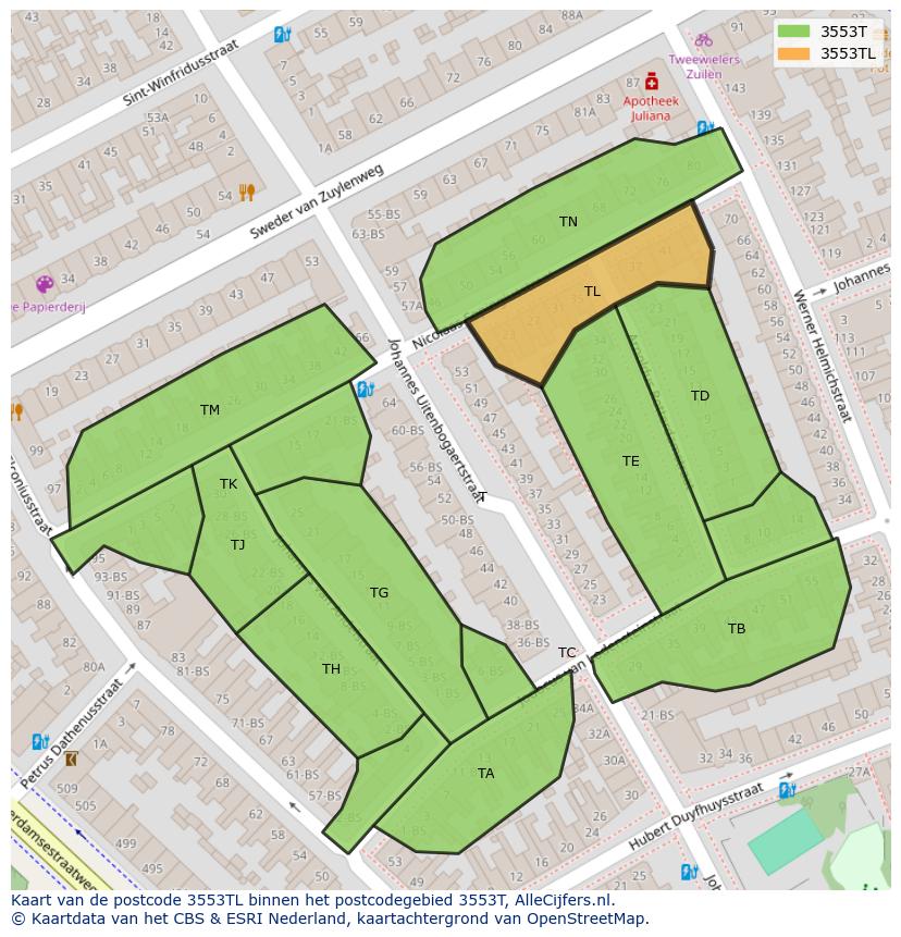 Afbeelding van het postcodegebied 3553 TL op de kaart.