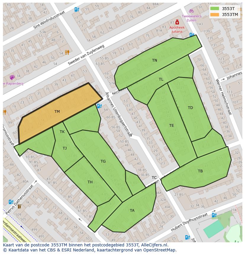 Afbeelding van het postcodegebied 3553 TM op de kaart.