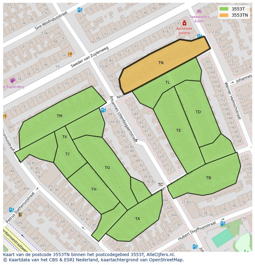 Afbeelding van het postcodegebied 3553 TN op de kaart.