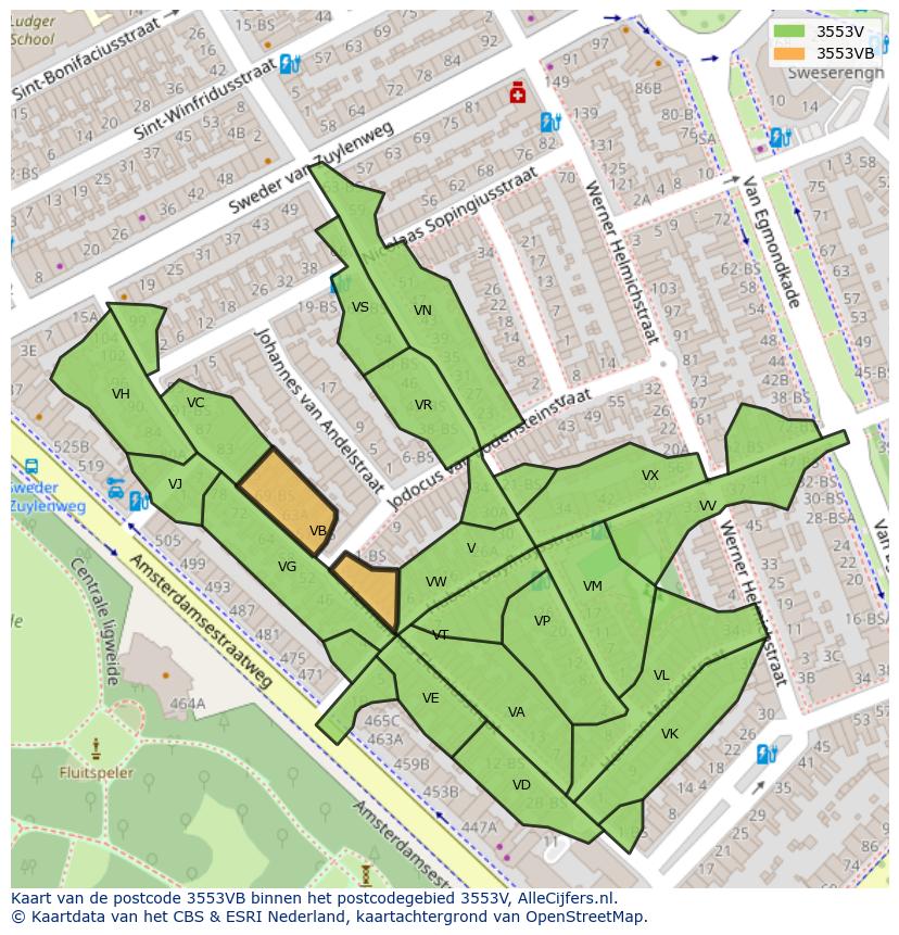 Afbeelding van het postcodegebied 3553 VB op de kaart.