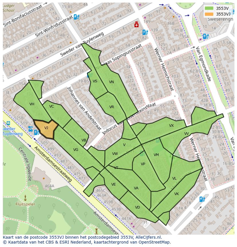 Afbeelding van het postcodegebied 3553 VJ op de kaart.