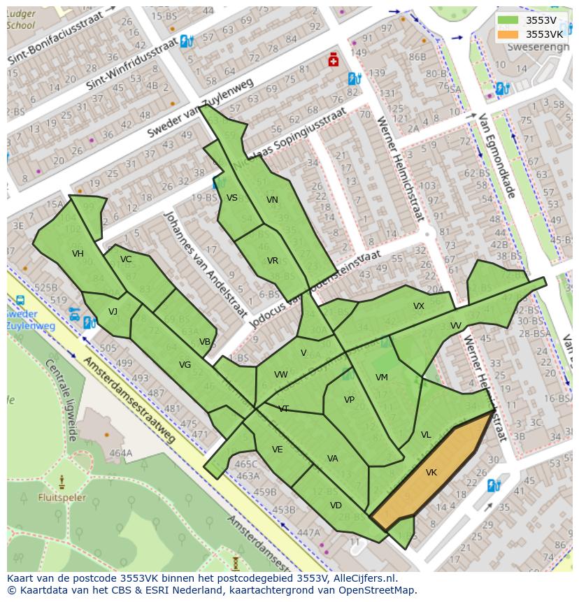 Afbeelding van het postcodegebied 3553 VK op de kaart.