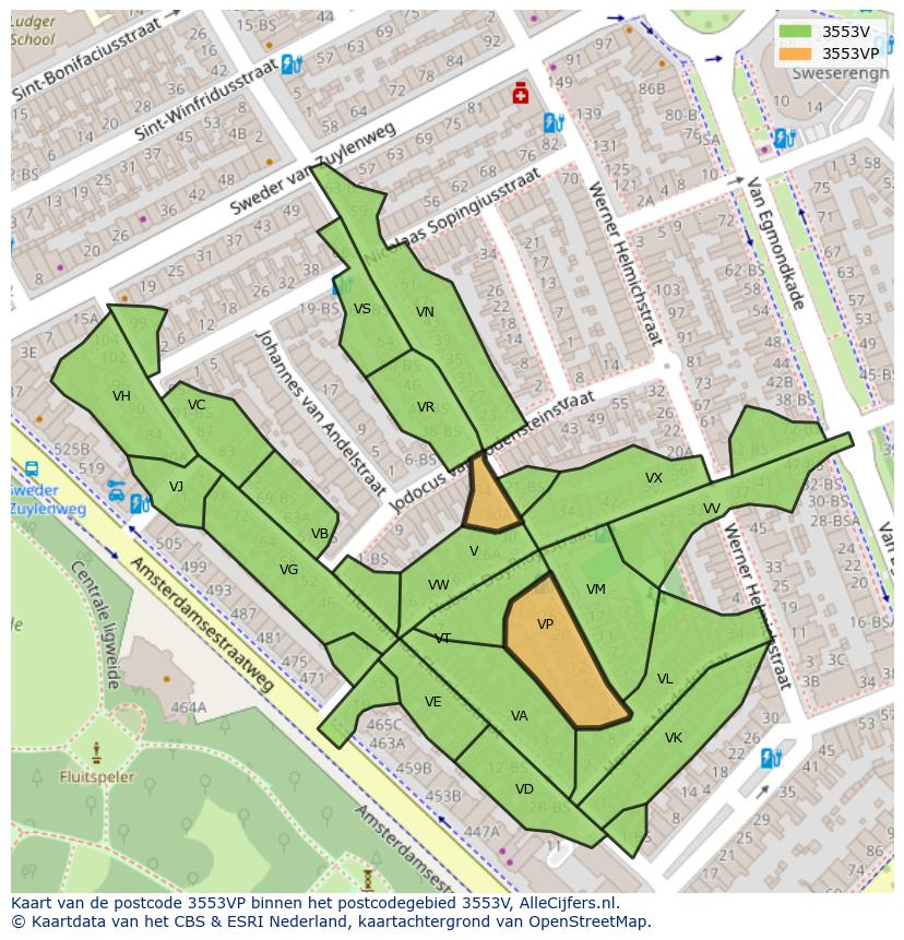 Afbeelding van het postcodegebied 3553 VP op de kaart.
