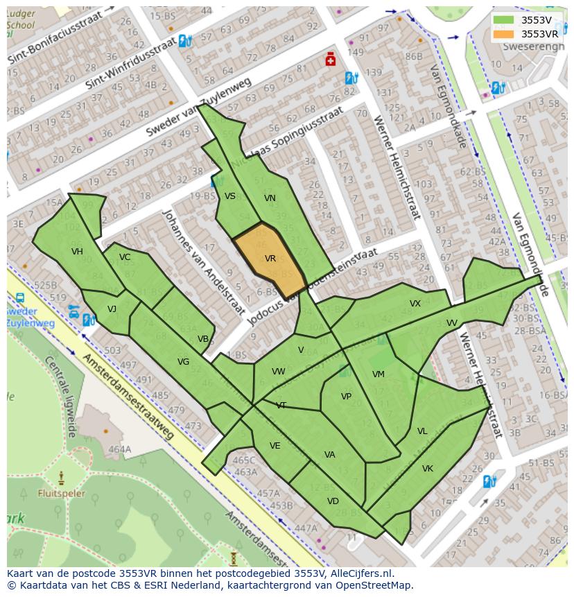 Afbeelding van het postcodegebied 3553 VR op de kaart.