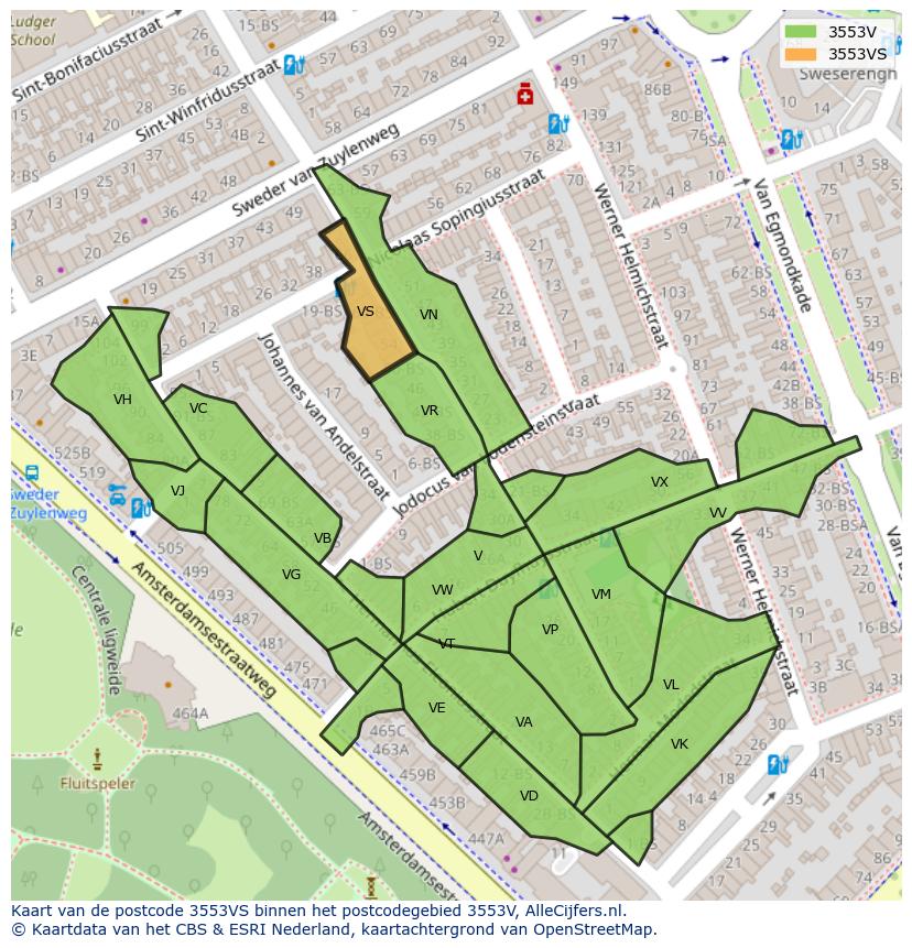 Afbeelding van het postcodegebied 3553 VS op de kaart.