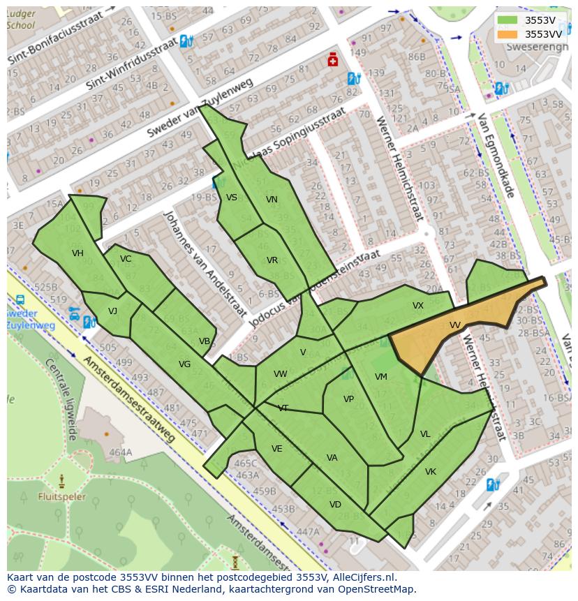 Afbeelding van het postcodegebied 3553 VV op de kaart.