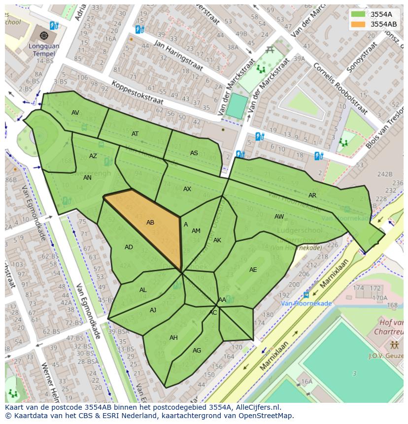 Afbeelding van het postcodegebied 3554 AB op de kaart.