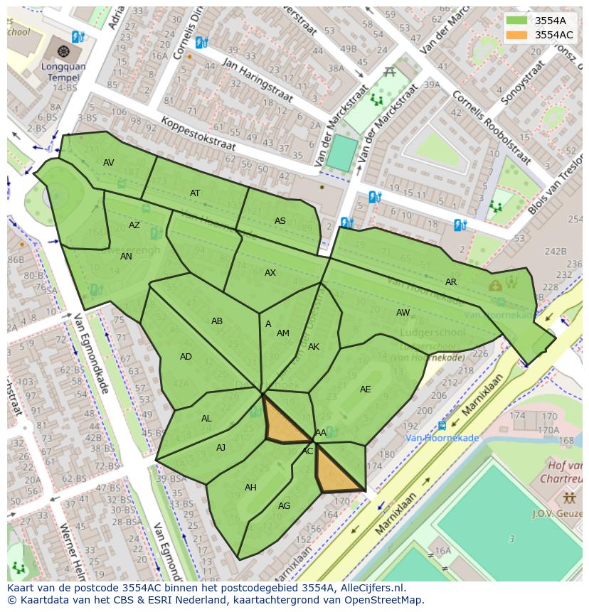 Afbeelding van het postcodegebied 3554 AC op de kaart.