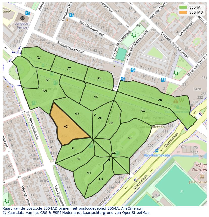Afbeelding van het postcodegebied 3554 AD op de kaart.