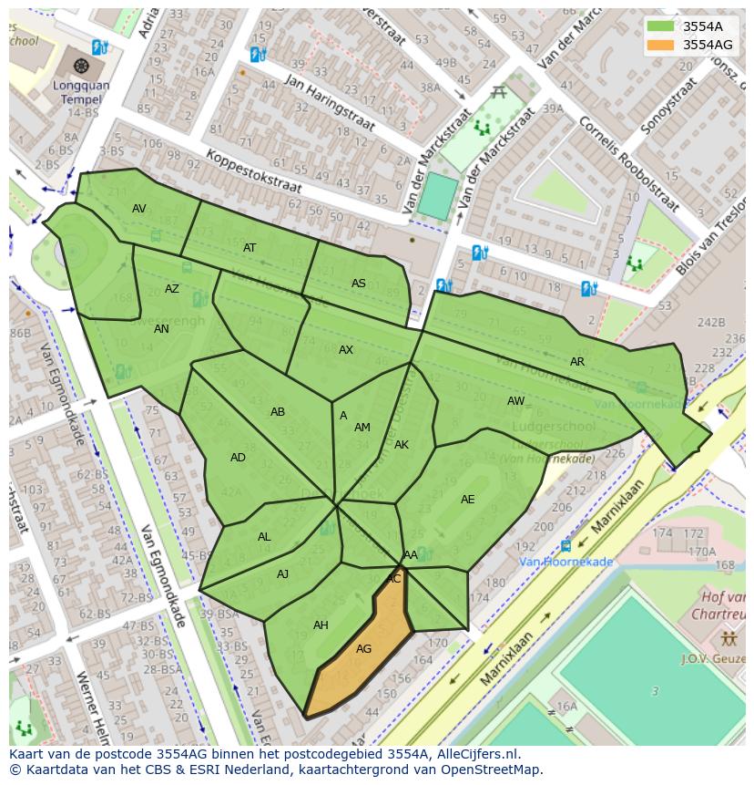 Afbeelding van het postcodegebied 3554 AG op de kaart.