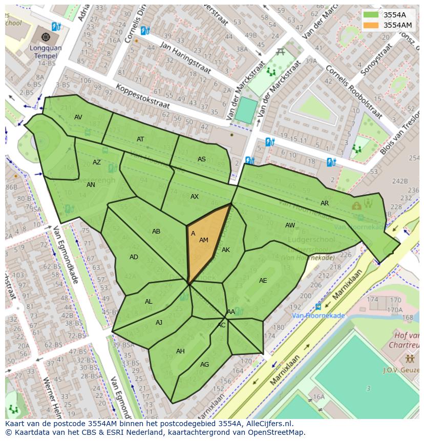 Afbeelding van het postcodegebied 3554 AM op de kaart.