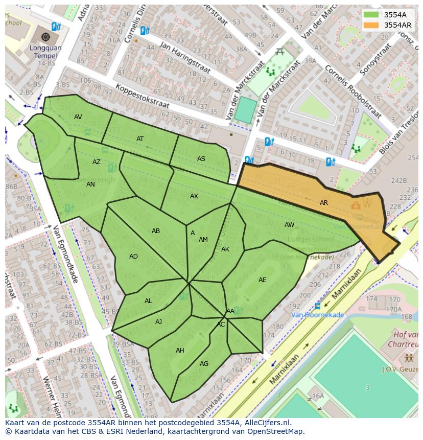 Afbeelding van het postcodegebied 3554 AR op de kaart.