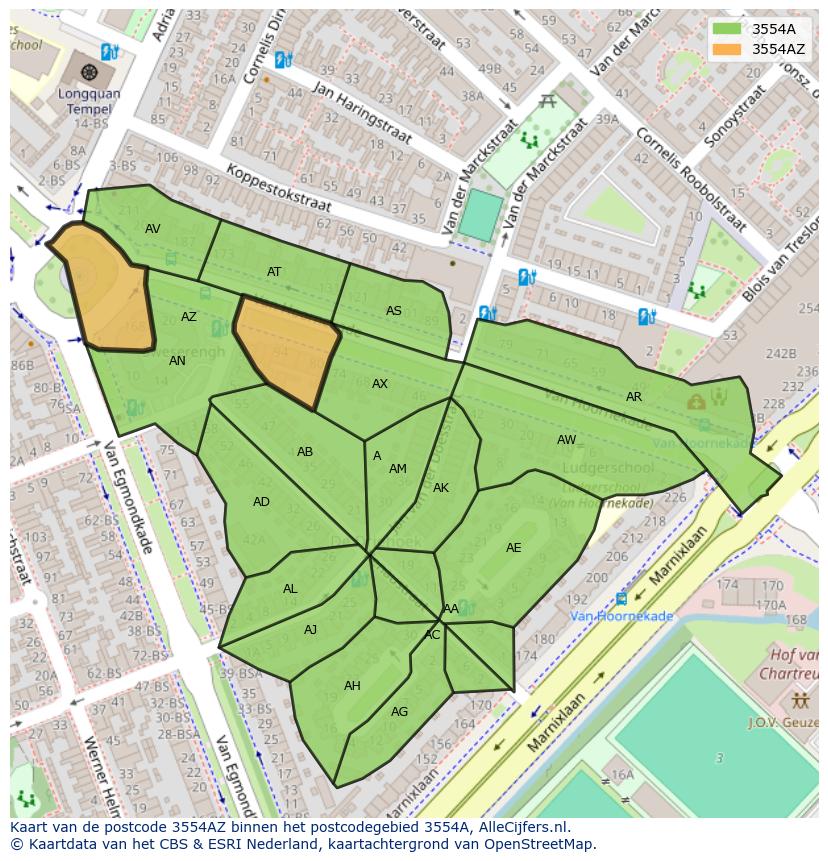 Afbeelding van het postcodegebied 3554 AZ op de kaart.