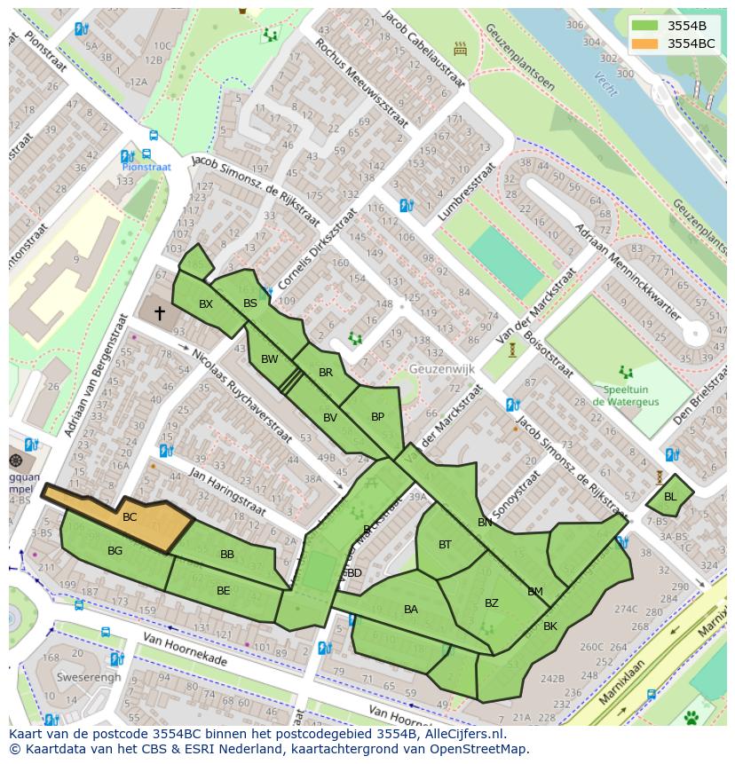 Afbeelding van het postcodegebied 3554 BC op de kaart.