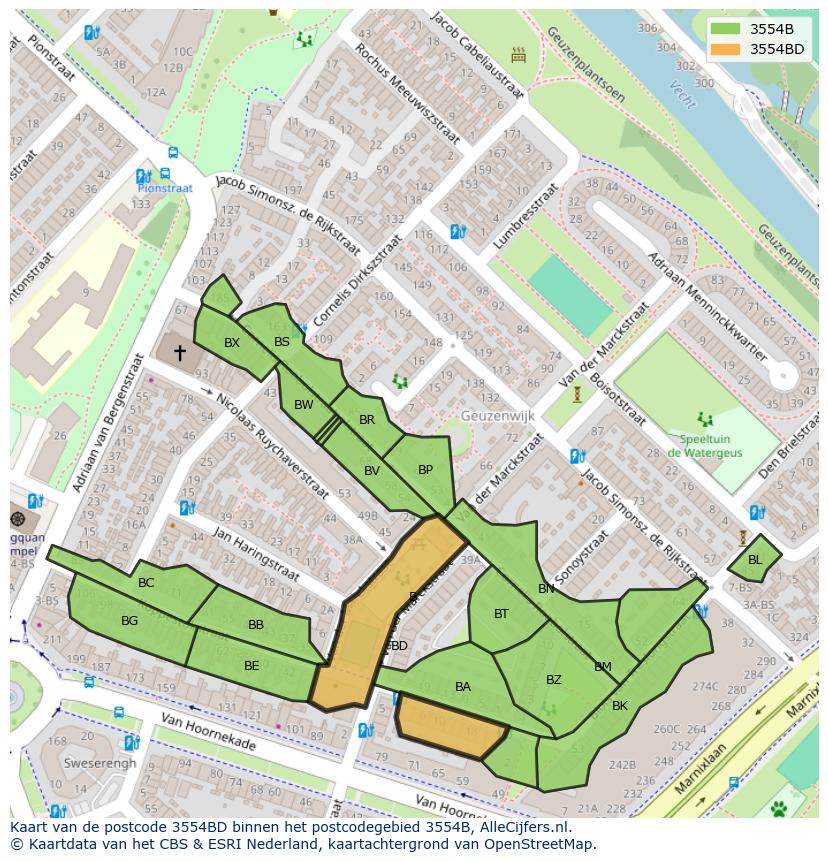 Afbeelding van het postcodegebied 3554 BD op de kaart.