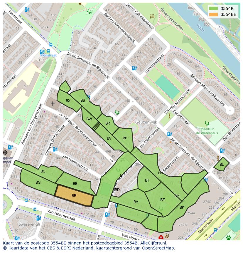 Afbeelding van het postcodegebied 3554 BE op de kaart.