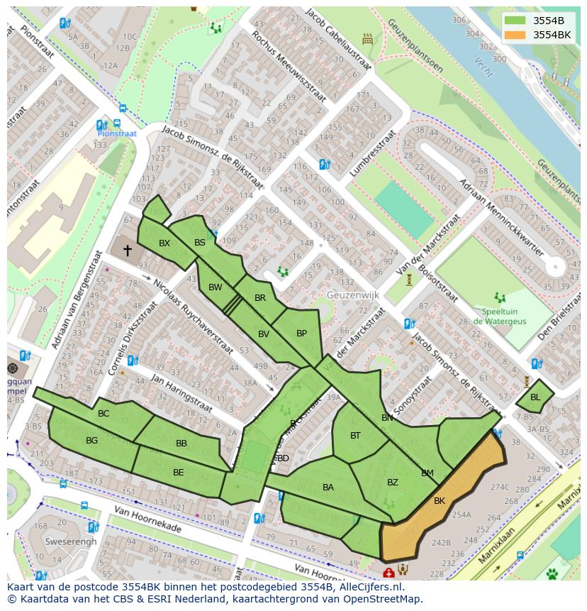 Afbeelding van het postcodegebied 3554 BK op de kaart.