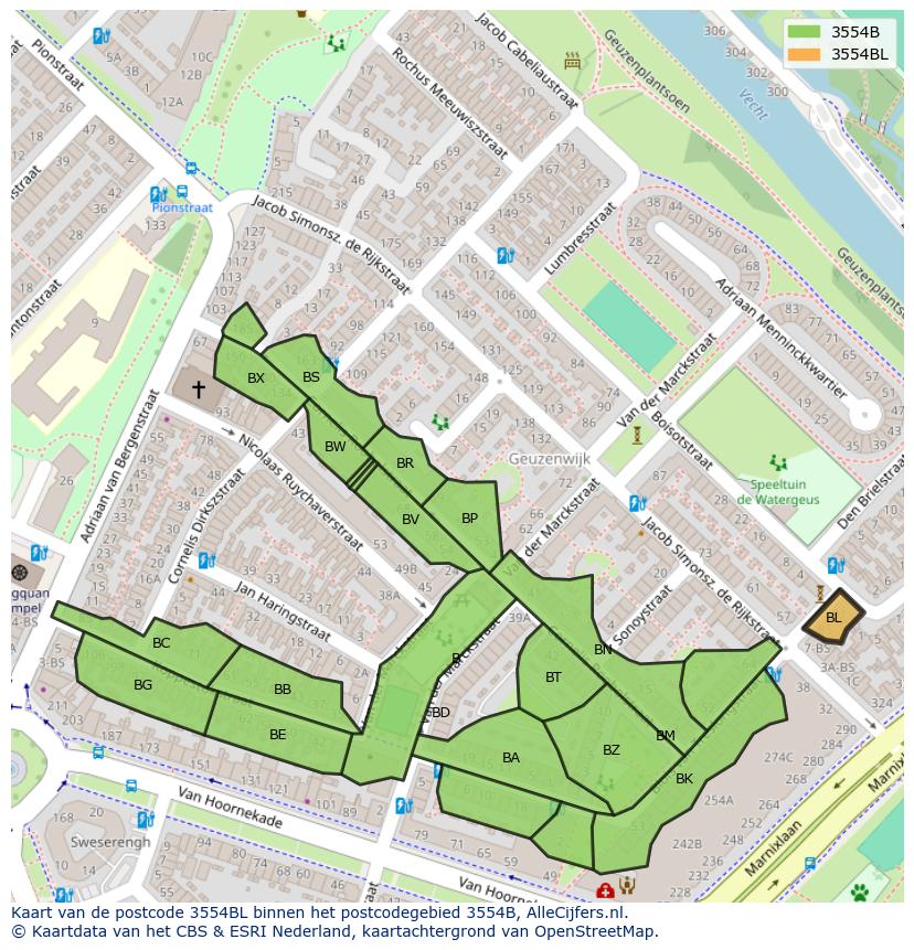 Afbeelding van het postcodegebied 3554 BL op de kaart.