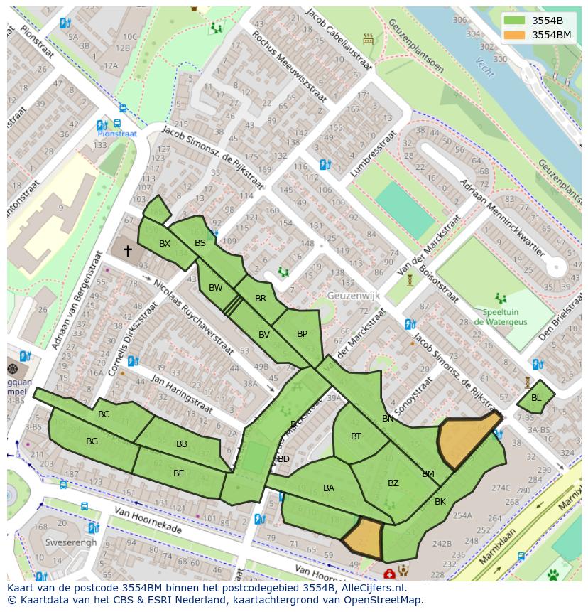 Afbeelding van het postcodegebied 3554 BM op de kaart.