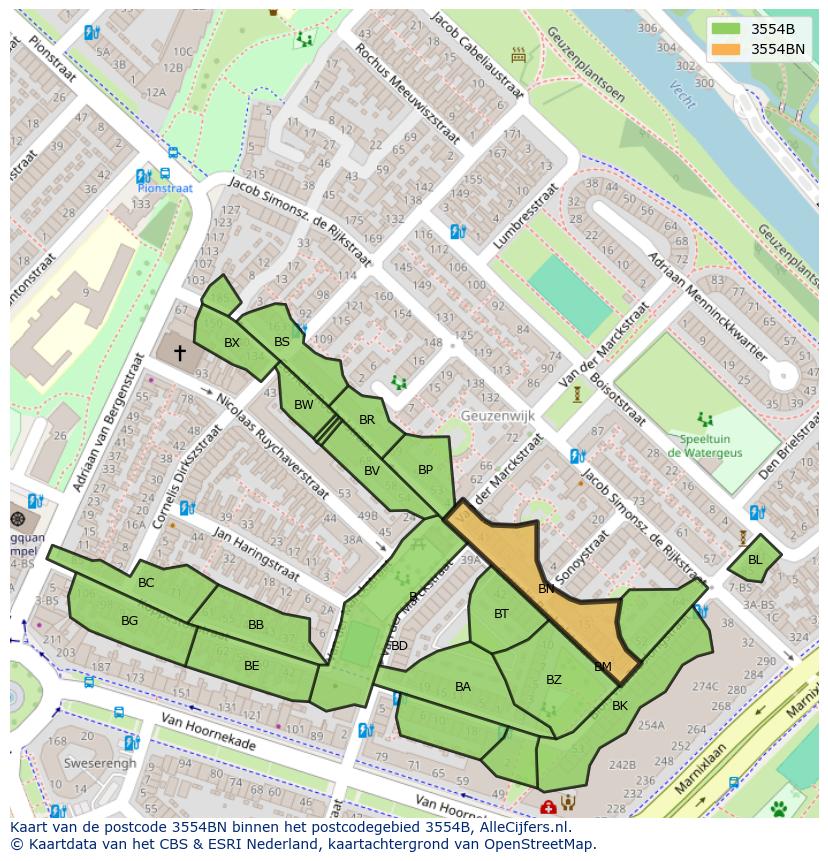 Afbeelding van het postcodegebied 3554 BN op de kaart.
