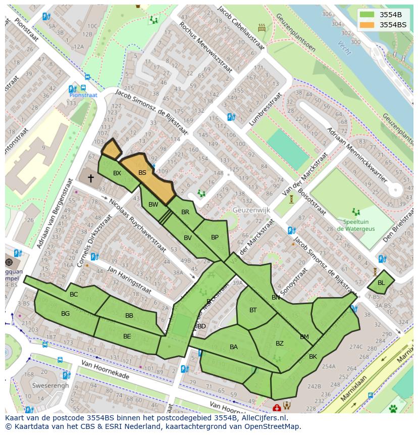 Afbeelding van het postcodegebied 3554 BS op de kaart.
