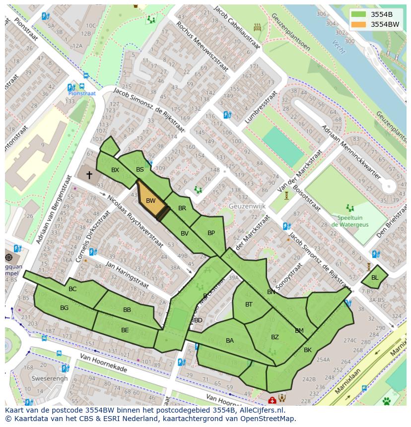Afbeelding van het postcodegebied 3554 BW op de kaart.