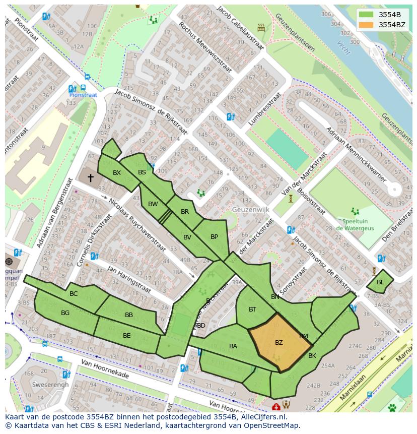 Afbeelding van het postcodegebied 3554 BZ op de kaart.