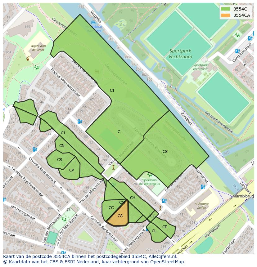 Afbeelding van het postcodegebied 3554 CA op de kaart.