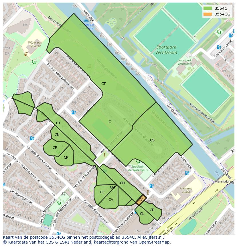 Afbeelding van het postcodegebied 3554 CG op de kaart.