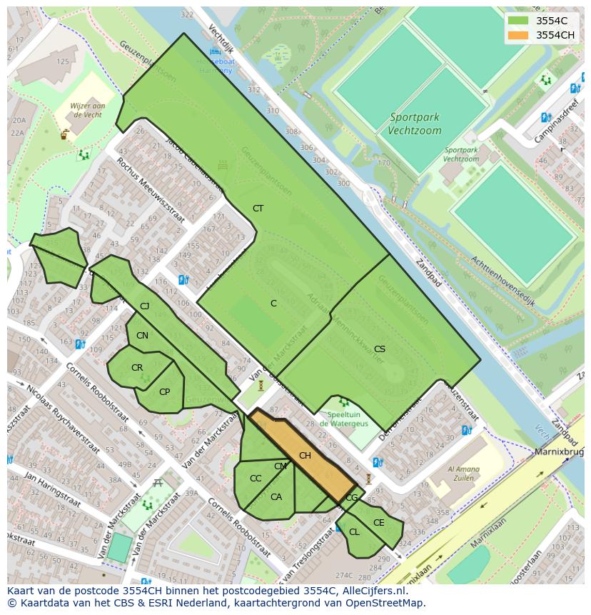 Afbeelding van het postcodegebied 3554 CH op de kaart.