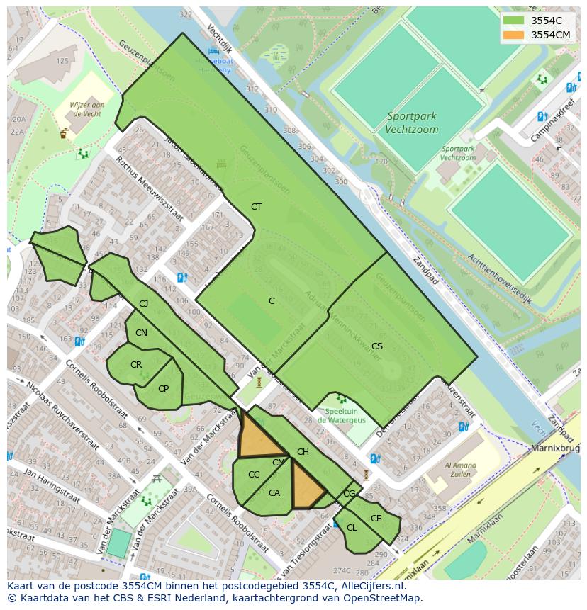 Afbeelding van het postcodegebied 3554 CM op de kaart.
