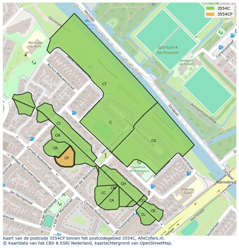 Afbeelding van het postcodegebied 3554 CP op de kaart.